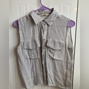 Sleeveless Button Up Striped White and Grey Blouse Shirt